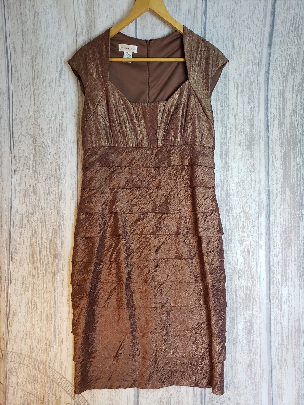 London Style Shimmery Bronze Brown Tiered Midi Dress Sz 12 Bandage Dress Zip A9